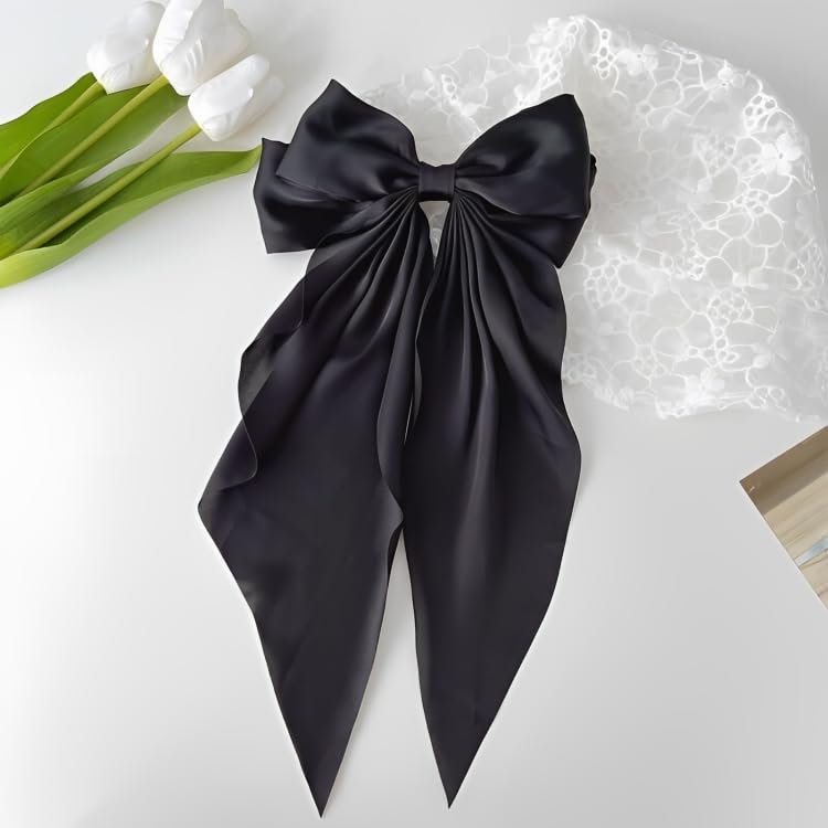 Image of FilterFashion Big Satin Layered Hair Bows for Women Girls 11.5 Inch Barrette Hair Clip Long Back Ribbon Bows French Style Hair Accessories (Black,White,NavyBlue)