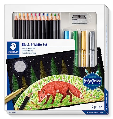 Image of STAEDTLER Design Journey Black & White Set of Soft Coloured Pencils, Metallic Markers and Sharpener