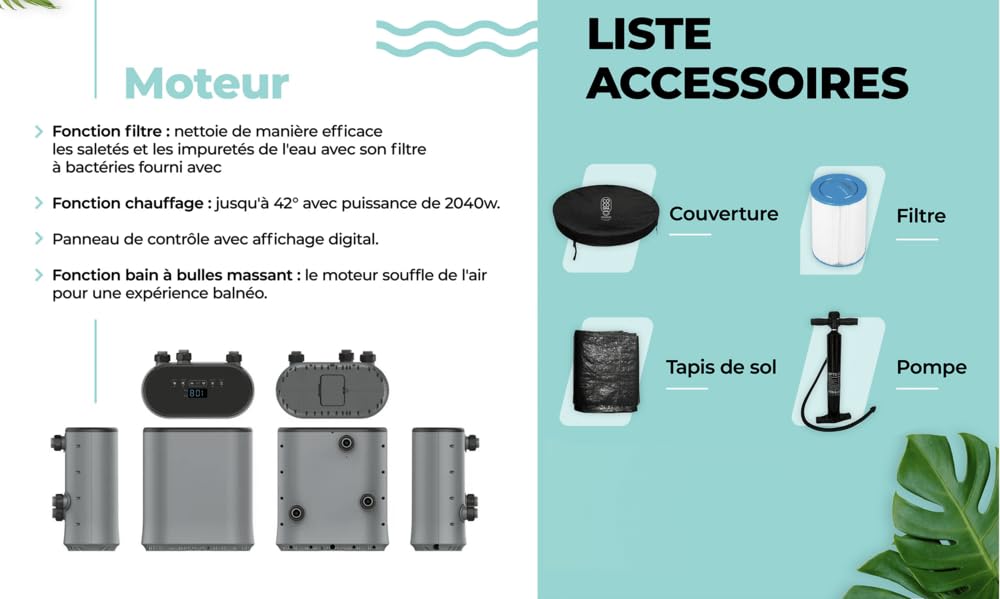 COCO SPA Bali Spa Gonflable| 180 cm de diamètre | 1100 litres | Moteur 2040 W | Jusqu'à 6 Personnes | Massage 140 Jets | Imitation Bois Naturel