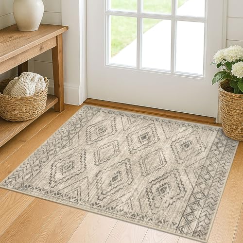 KILOCOCO Boho Entryway Rug 2x3 Printed Small Area Rug Indoor Door Mat Machine Washable Kitchen Rugs Super Soft Non Slip Throw Rugs for Entrance Geometric Laundry Room, Beige/Gray/Green
