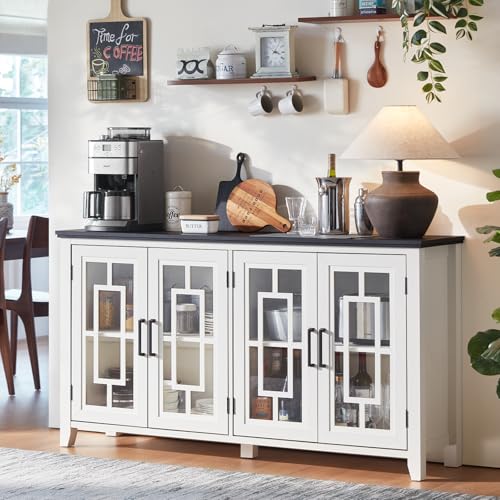 Joaxswe Large Sideboard Buffet Cabinet with Storage, 63" Farmhouse White Kitchen Coffee Wine Bar Cabinet with 4 Glass Doors, Wood Mid Century Modern Side Board Table for Dining Room, Living Room