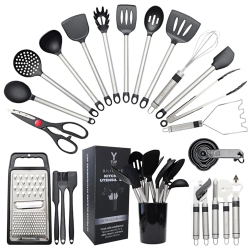 Silicone Kitchen Utensils Set 33-Piece – Heat-Resistant Spatulas for Cooking, Nonstick Cookware, Stainless Handles, Tongs, Whisk, Ladle, Silicone Brush, Grater, Measuring Cups & Holder (Black)