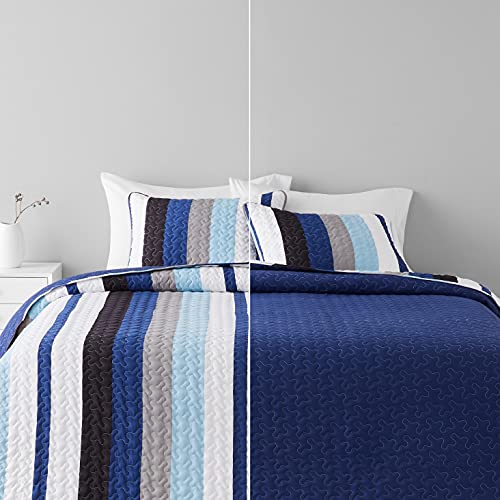 Amazon Basics Lightweight Reversible Microfiber 3-Piece Quilt Set - Full/Queen, Blue Stripe #TOP8