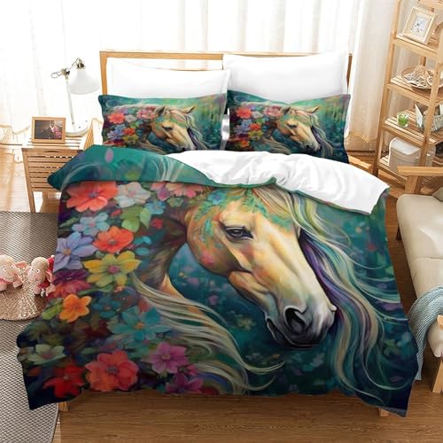 Housse de couette fleurs et chevaux parure de lit 3D pour s'endormir avec passion