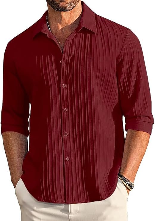 Image of Men's Casual Button Down Linen - Long Sleeve Textured Summer Beach Shirt - Men's Fashionable Lightweight Breathable Stylish Fancy for Vacation