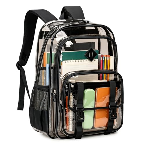 QIXIHU Mochilas grandes transparentes para escola mochila transparente resistente para eventos de estádio mochila para livros para crianças e adultos, Semi preta, Large, Moderno