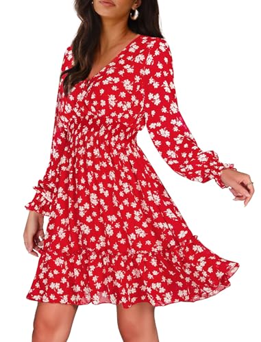 Image of Prettywear Wedding Guest Dresses for Women 2024 Spring Summer Fall Floral Chiffon Wrap Neck Flowy Mini Long Sleeve Dress, Medium