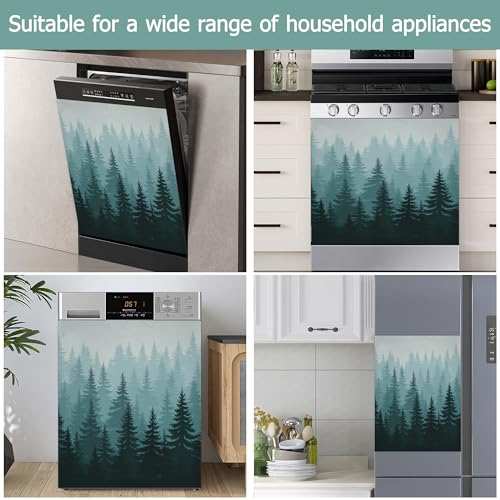 Image of Foggy Forest Refrigerator Magnet Cover,Green Pine Trees Washable Dishwasher Magnets Decorative Cover,Home Kitchen Decorative Dishwasher Front Panel Cover 23x26 Inch