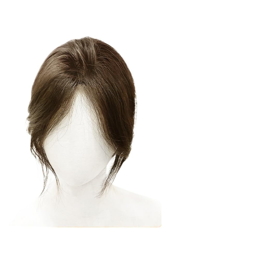 Clip in Toppers Straight Human Hair Seamless Hairpiece with Side-swept Bangs for Women Thin Hair (Mocha brown,9 * 11cm)