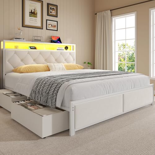 Fluest Queen Bed Frame with Headboard Storage Drawers Fast Charging Station Led Lights Bed Frame Queen Size with Fabric Drawers Metal Structure No Box Spring Needed Easy Assembly Beige