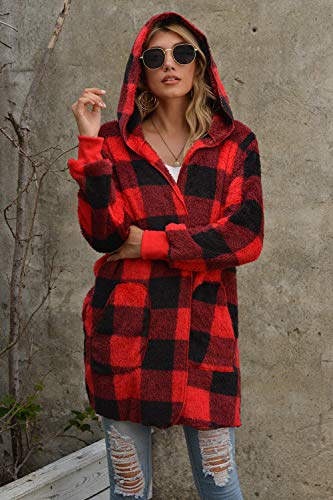 Senserise Womens Fuzzy Fleece Jacket Open Front Hooded Cardigan Tie Dye Plaid Sherpa Coat With Pockets(Red Plaid,Xl) #TOP1