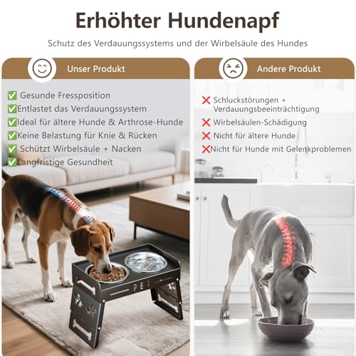 Erhöhter Hundenapf mit 3 Höhenstufen – 2 große, eingedickte Edelstahlschalen für kleine, mittlere und große Hunde (Dunkelschwarz)
