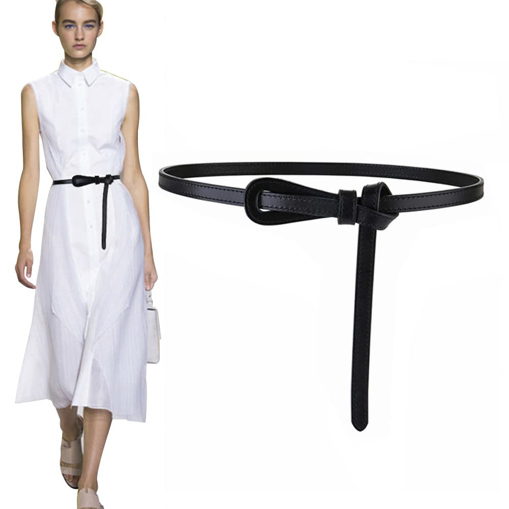 Konfen Women's Black Leather Belt, Pu Leather Belts For Soft Leather Knotted Strap Waist Belt, Knot Belts Tie Belt Narrow Non Buckle Adjustable Belts For Dress Jeans (Black)