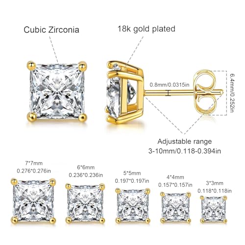 5 Pairs 14K Yellow Gold Plated Princess Cut Clear Cubic Zirconia Stud Earring Set for Women Men2