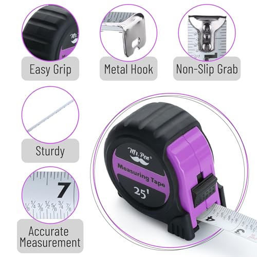 Image of Mr. Pen- Tape Measure, 25-Foot, Pastel Purple, Steel Measuring Tape Measure with Fractions, Retractable Measuring Tape Retractable