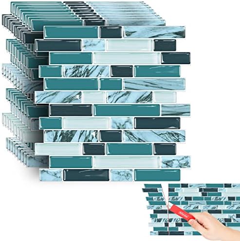 XFasten Kitchen Backsplash Sticky Tiles 10pcs 12” x 12” w/Mini Cutter Teal Peel and Stick Tile Backsplash for Kitchen, Shower, and Bathroom | Waterproof Back Splashes for Kitchens Peel and Stick