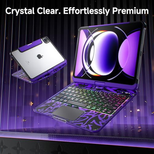 Image of Clear Wireless Keyboard Case for iPad Air 13 Inch (M4 /M3 /M2, 2026 /2025 /2024) / iPad Pro 12.9 inch (6th /5th /4th /3rd Gen), 7-Color Backlit, Pencil Holder & Multi-Touch Trackpad, 360 Rotatable,Purple