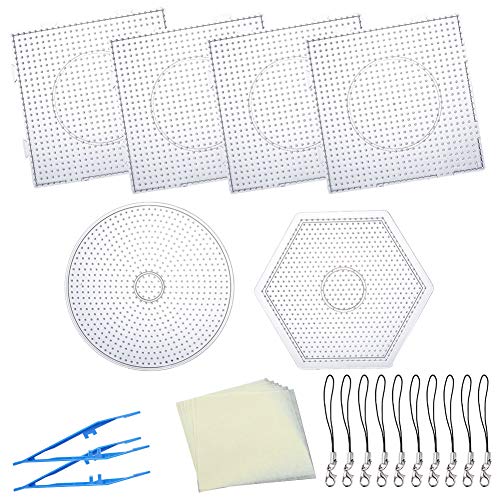 SUNNYCLUE 6pcs 5mm Fuse Beads Pegboards Large Square Round Hexagon Clear Hama Beads Tableros con 6pcs Papel de Planchar Y 2pcs Pinzas de Plástico Y 10pcs Correa Móvil para Manualidades Educativas