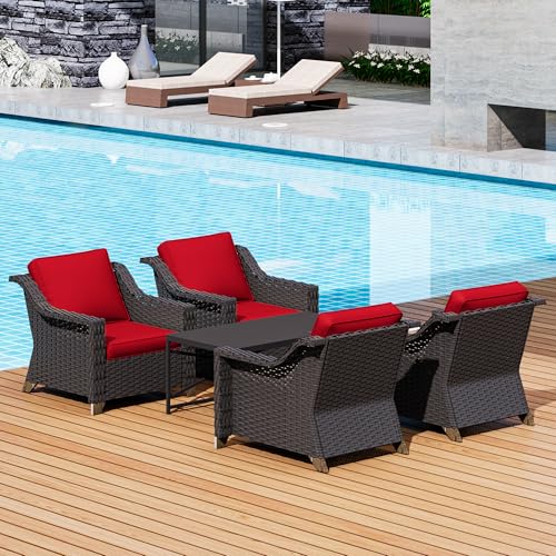 Image of 5 Piece Patio Furniture Set, Wicker Outdoor Conversation Set | Patio Chair Set with Olefin Removable Cushion, All-Weather Armchair Set with Deep Seat for Porch, Deck and Backyard, Red
