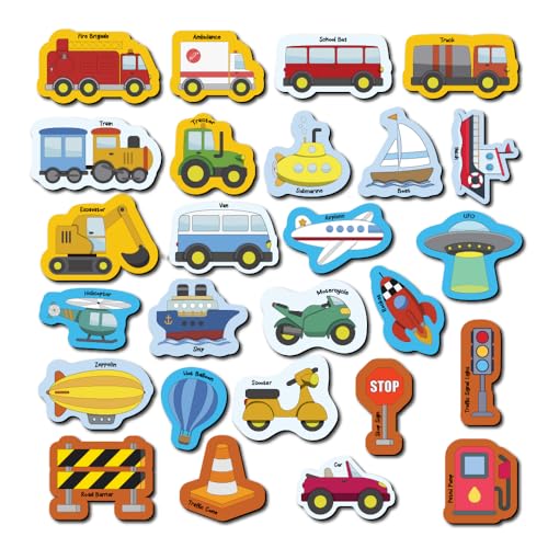 Image of Mini Leaves 26 Pieces Transport Full Magnetic Fridge Magnets for Kids- Car, Bus, Boat, UFO with Traffic Sign Board for whiteboard - Educational Toy for Kids