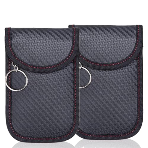 Lot de 2 Pochette Etui Anti RFID cle Voiture, Étui de Protection pour Clef Télécommande avec Anneau Porte-clé Intégré en Fibre de Carbone,Pochettes Blocage Signal RFID pour Clé Voiture