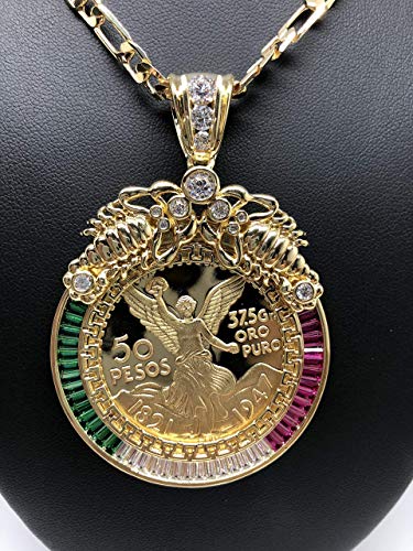 Fran & Co. Gold Plated Coin Centenario Mexicano Moneda 50 Pesos Pendant Chain CZ Oro Cadena 26”4