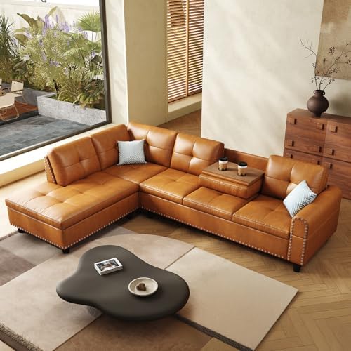 97.5" Oversized Sectional Couch, L Shaped Couchwith, Modern Modular Sofa withDeep Seat, Sectional Couches for Living Room andOffice, Faux Leather Sofa (Ginger, 97.5 inch) - Thumbnail 3