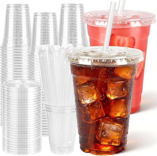 100 Pcs Clear Plastic Cups with Flat Lids and Straws, 20 oz Disposable PET Iced Coffee Cups - Ideal for Ice Coffee, Smoothie, Juice, Lemonade, Cold Beverages by HEYRSUN - Used condition - CA$36.66