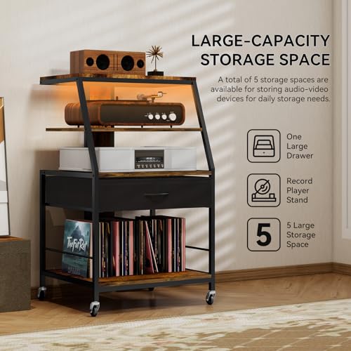 ELECWISH Record Player Stand with Vinyl Storage, 4-Tier AV Media Cabinet with Drawer, Stereo Racks with LED Light and Power Strips, Corner Entertainment Center, Rustic Brown - Thumbnail 4