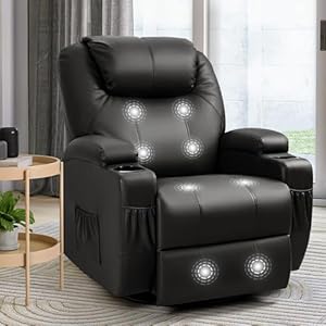 Furniwell Rocker Recliner Chair with Massage for Elderly Leather Adjustable 360Swivel Rocking Sofa for Living Room with Remote Control Cup Holders Black