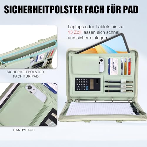 Leathario Schreibmappe A4 mit 5er Register DIN A4，Konferenzmappe mit 4 Ringbuch，Dokumentenmappe mit Reißverschluss，Griff，Klemmbrett,Ordner für Meeting, Business,Mappe für Schule, Uni