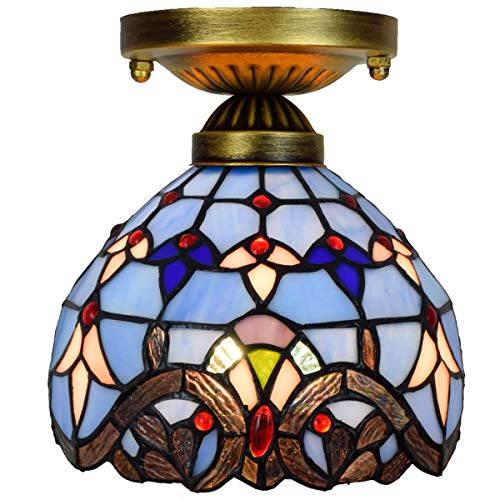 Lámpara de techo Tiffany de 8 pulgadas, pequeña lámpara de araña de cristal de colores, decoración vintage barroca azul, lámpara de techo for sala de estar, comedor, dormitorio, pasillo.
