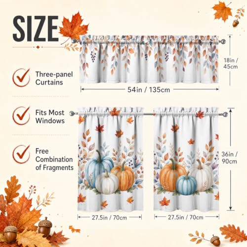 Image of Fall Pumpkin Kitchen Curtains 3 Piece Set Tier Valance
