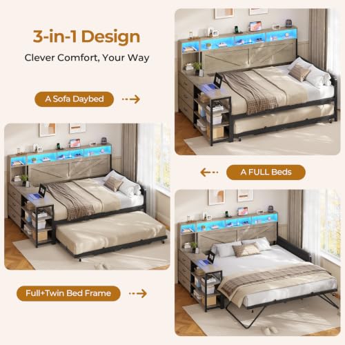 Image of MSmask Daybed with Trundle & 3 Storage Drawers, Full Size DayBed Frame with Headboard & Charging Station, Farmhouse Wooden Bed Frame with LED for Bedroom and Guest Room, Grey