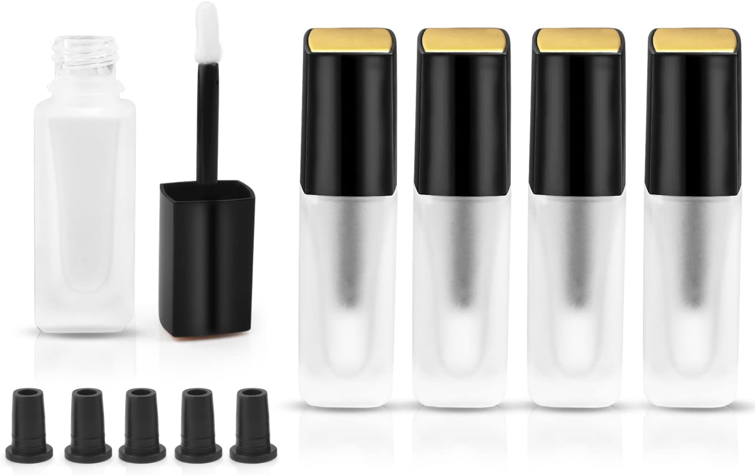 5 Pcs 5ml Frosted Glass Lip Gloss Tubes Refillable Square Lip Glaze Tube Vials Mini Lip Balm Bottle Container with Wands & Stoppers for Women Girls DIY Makeup Travel