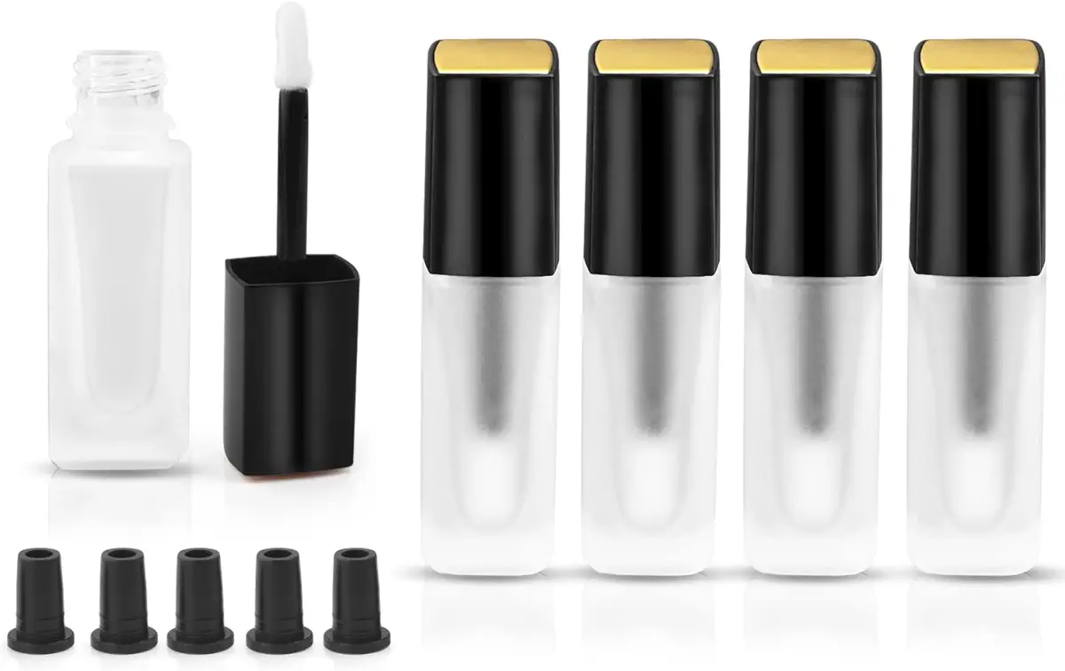 5 Pcs 5ml Frosted Glass Lip Gloss Tubes Refillable Square Lip Glaze Tube Vials Mini Lip Balm Bottle Container with Wands &amp; Stoppers for Women Girls DIY Makeup Travel