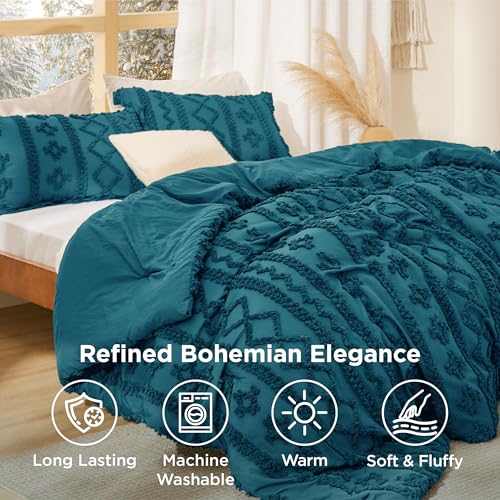Image of Bedsure Tufted Boho Comforter Set Queen Size - Teal Boho Bed Set, GentleSoft 3 Pieces Farmhouse-Style Embroidery Bedding, Gifts for Woman, Soft Jacquard Kids' Queen Comforter for All Seasons