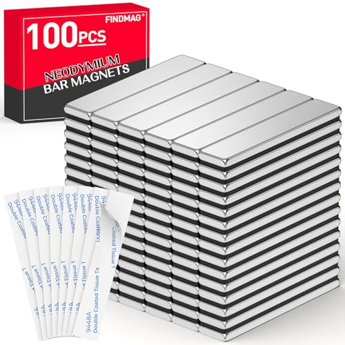 Image of FINDMAG Heavy Duty Bar Magnets with Adhesive Backing, 100 Pack, 60x10x3mm | Neodymium magnetic strips for repeat mounting tasks; for workshop layouts, cabinet installations, signs and tool storage