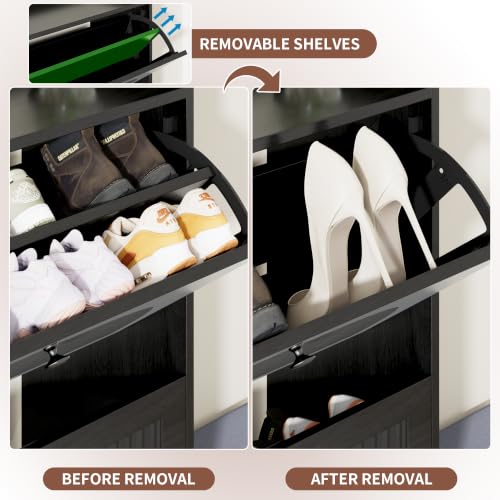 Image of Shoe Storage Cabinet with 2 Flip Drawers, Shoe Organizer Storage with Bench