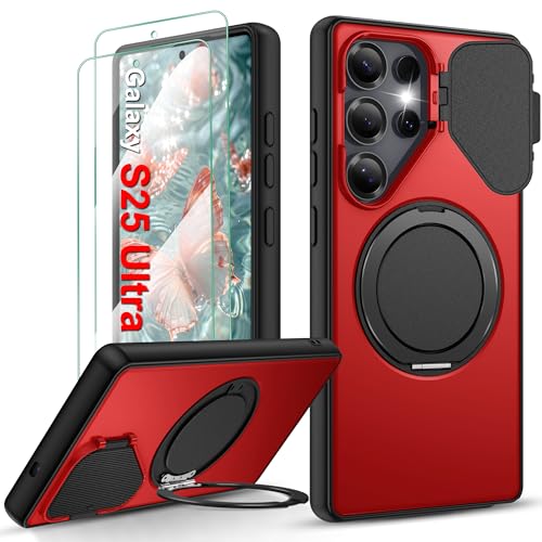 Gritup for Samsung Galaxy S25 Ultra Case,Flip Camera Cover | with Screen Protector,Ring Holder Stand Kickstand, Military Grade Dropproof Cell Phone Cover，Magnetic Accessory Friendly Phone Case,Red
