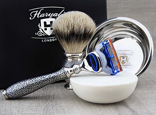 Haryali London Silver Antique męski zestaw do golenia z 5-kątnym brzytwą, szczotka do włosów borsuka, miseczka do golenia, mydło do golenia i sztyft z ałunem
