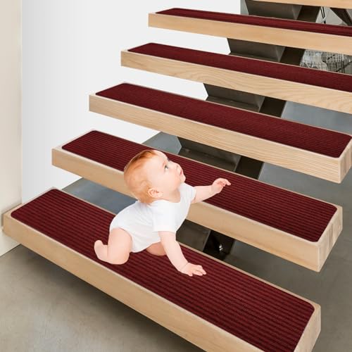 Peldaños de escalera de diseño sofisticado tiras antideslizantes rojo oscuro para madera noble 7