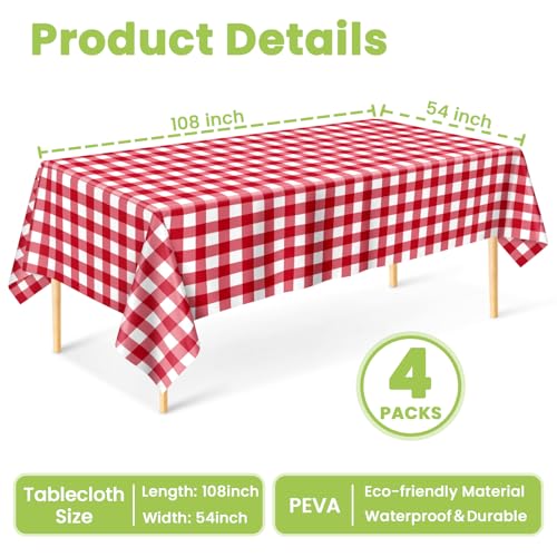 Image of Mulbozy 4 Pcs Red Checkered Tablecloth 54 x108 Inches Rectangle Red Gingham Tablecloth Disposable Plastic Waterproof Table Cover for Outdoor Picnic, Kitchen, Holiday Birthday Party