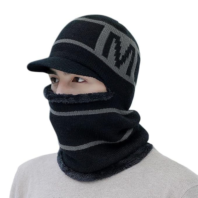 Image of Snow Proof Inside Fur Wool Unisex Monkey Beanie Cap Hat | Breathable Knit Thick Fleece Lined Foldable Use as Skull Woolen Winter Caps Hat Men & Women | Motorcycle Balaclava | Freesize