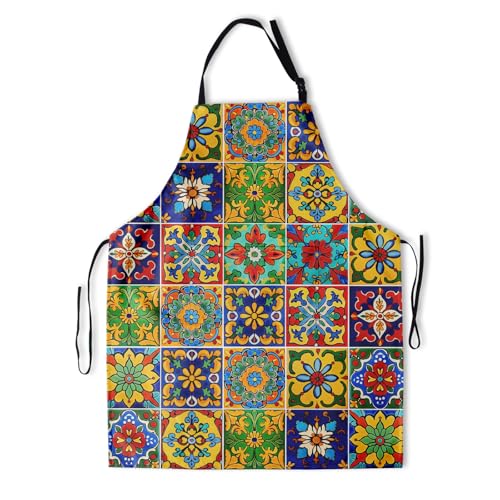 DZGlobal Mexican Tiles Chef Apron with 2 Pockets Adjustable Chef Aprons for Men Women Cooking Baking