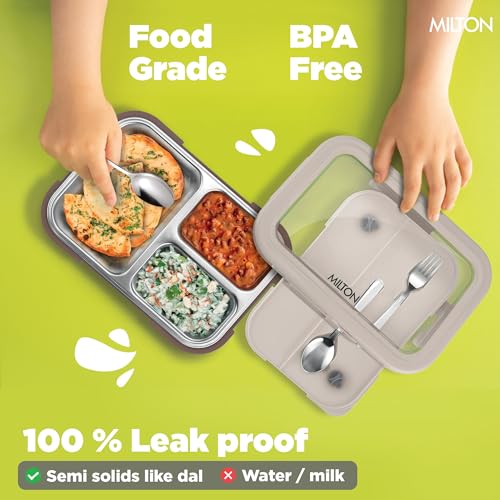 Image of MILTON Ethan 3 Inner Stainless Steel Tiffin Box for School, 3 Partition, Steam Release Plug | PU Insulated, Leak-Proof, Food Grade I Lunch Box for Kids Boys, Girls with Snap Lock Lid, 600 ml, Taupe
