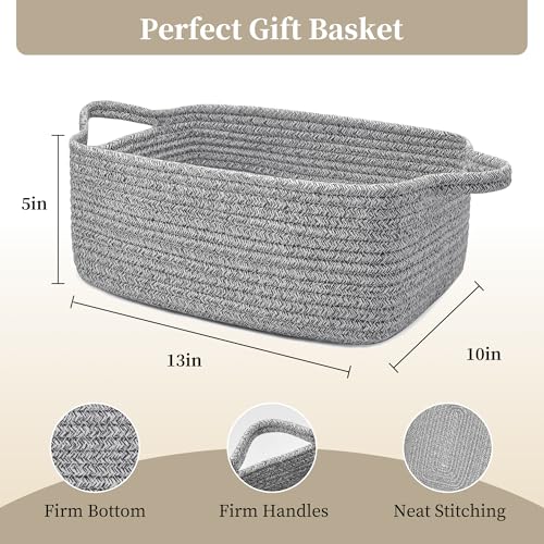 Image of Small Gift Basket Empty, Woven Rope Basket for Nursery, 13x10x5in | Soft storage basket with reinforced handles. boo basket with toys, towels or treats for baby showers & holidays. Grey