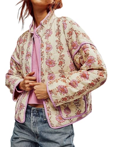 Arssm Women Floral Quilted Puffer Jacket Cropped Lightweight Patchwork Vintage Padded Short Coat Outerwear(Purple-S)