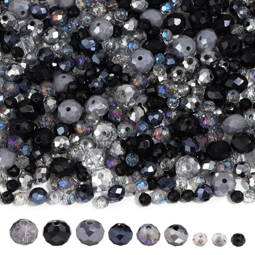 Yumttero 900PCS 4/6/8 mm Assorted Faceted Crystal Glass Beads Set with Fixed Quantity for Each Color for Bracelets Necklaces Earrings Cell Phone Chains Women Jewelry Making Black