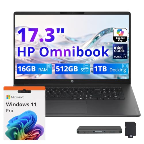 Image of HP OmniBook 17.3 inch FHD Laptop, Intel Core Ultra 7 255U, 16GB DDR5, 1.5TB Storage (512GB SSD+1TB Docking Station), Intel Graphics, Backlit Keyboard, Copilot+ PC, Win 11 Pro, Mica Silver